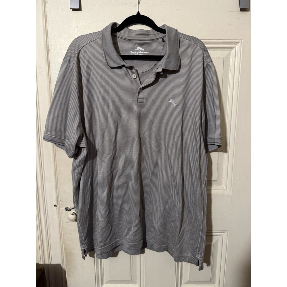 Tommy Bahama XXL Gray Striped Golf Polo Shirt Marlin Logo Cotton Blend
